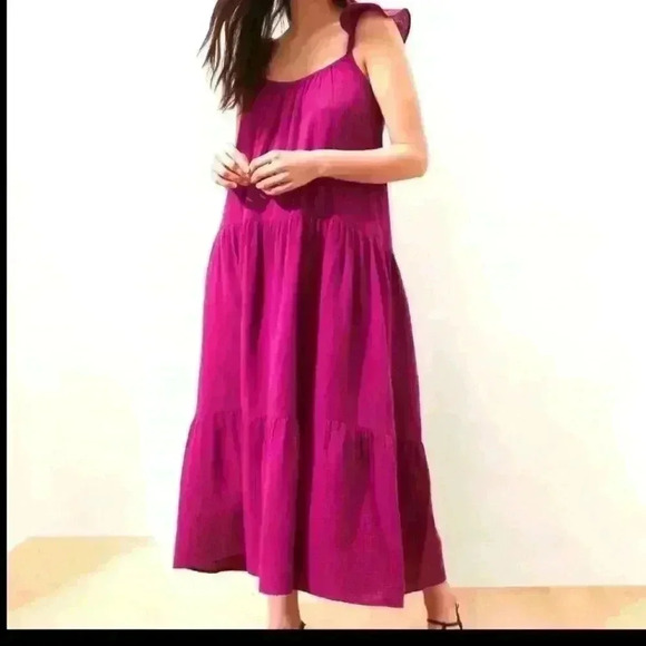 Frill-Sleeve Gauze Tiered Mid-Calf Dress - Picture 1 of 13